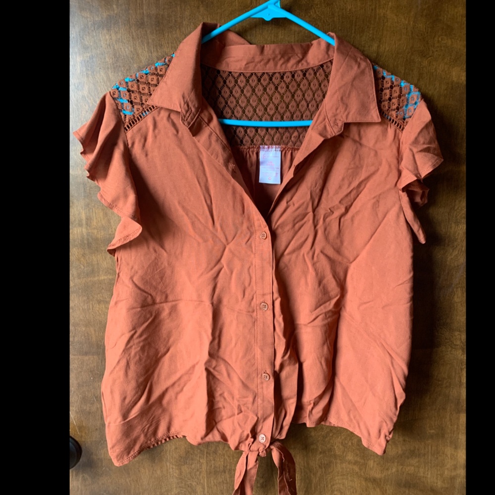 Burnt orange tie front top
